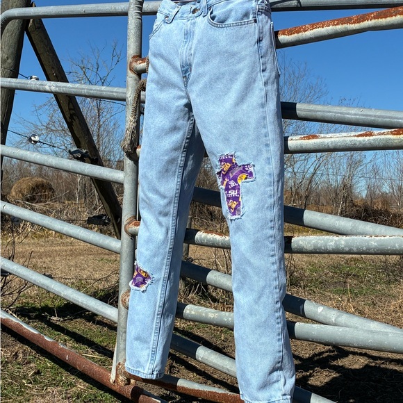 George Light Blue Straight Jeans with Purple/Gold LSU Tigers Patches - Picture 4 of 11